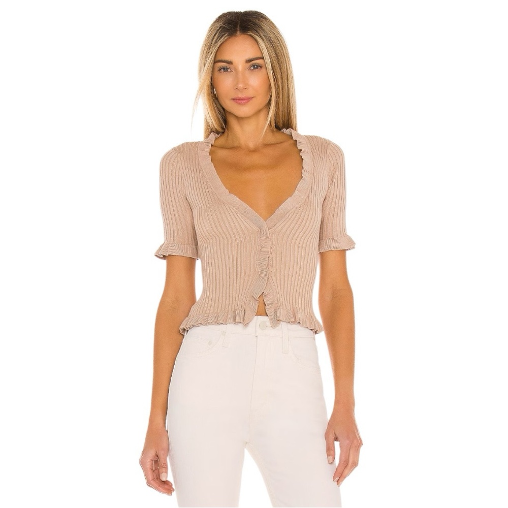 Lovers + Friends Revolve Taupe Ribbed Carissa Ruffle Sweater Top Small